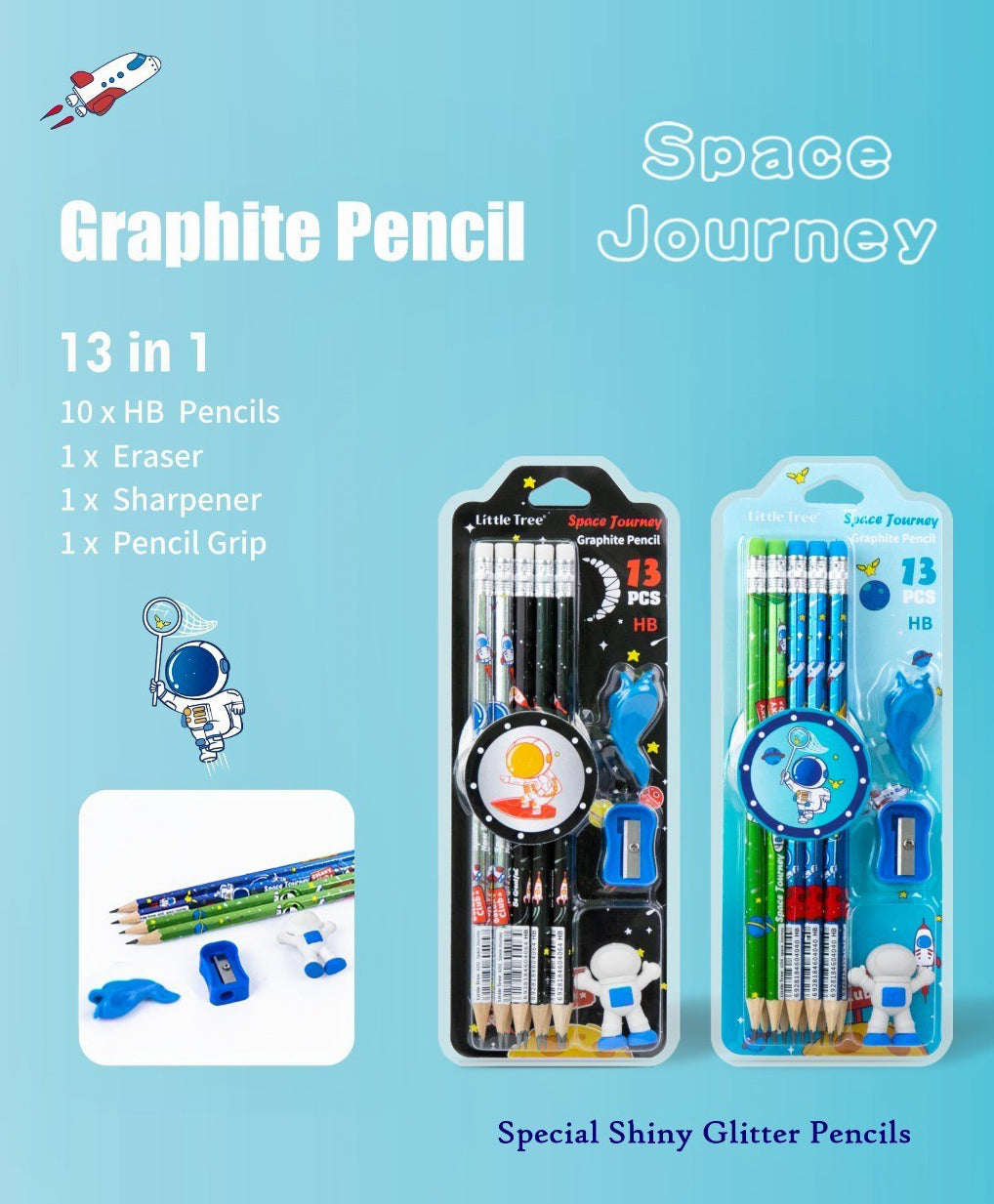 Space Pencil Set with Sharpener Erasers and Pencil Cap ( 1 set )