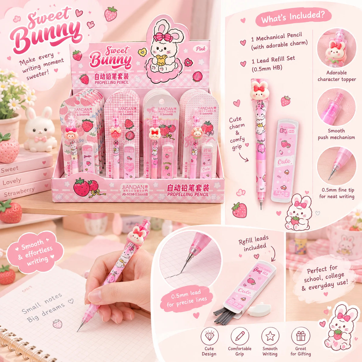 Sweet Bunny Strawberry Mechanical Pencil With Refill 0.5mm ( 1pc )