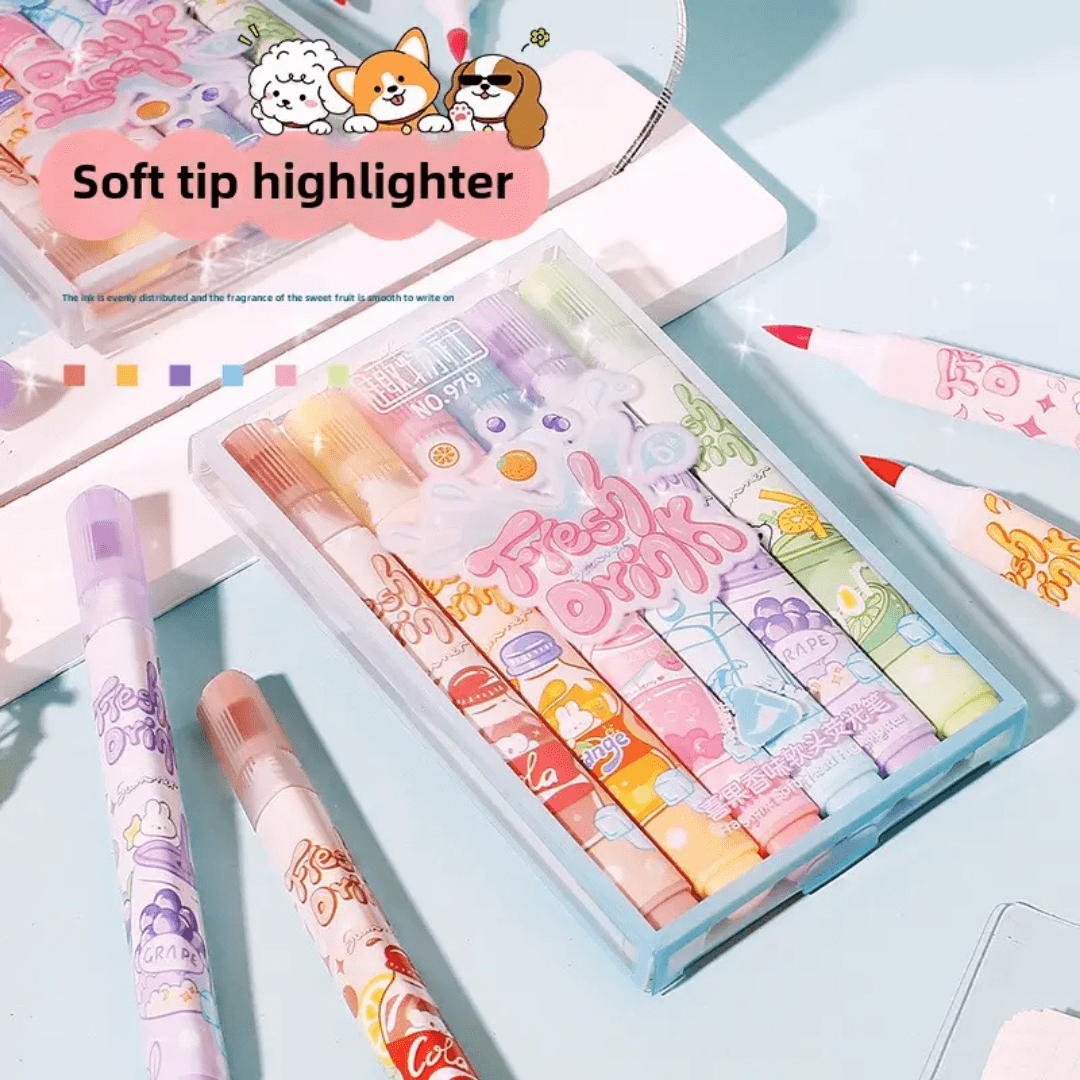 Fresh Drink Kawaii Soft Tip Scented Highlighter Set ( 6pcs )