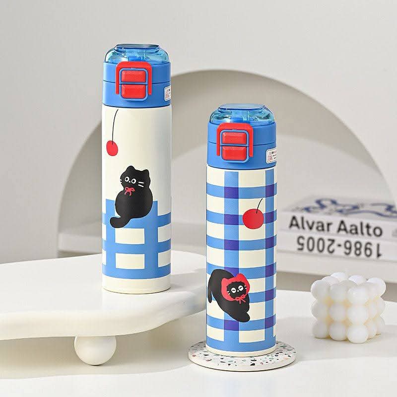 Pinteresty Cat Cherry Double Sipper Stainless Steel Water Bottle ( 1pc )