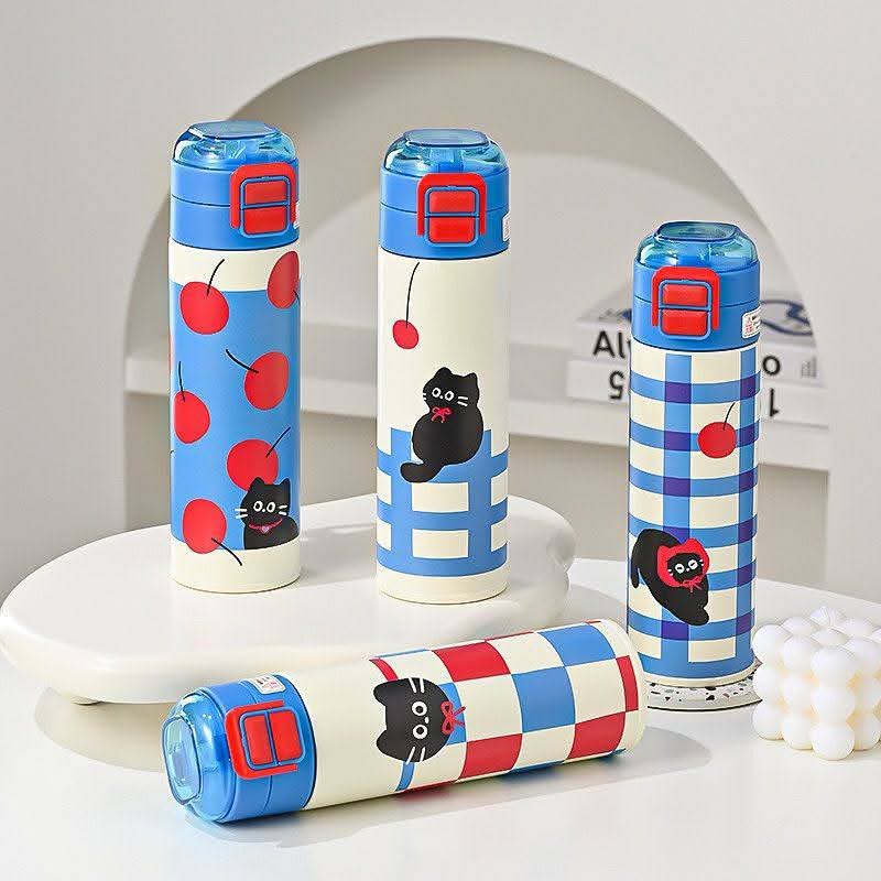 Pinteresty Cat Cherry Double Sipper Stainless Steel Water Bottle ( 1pc )