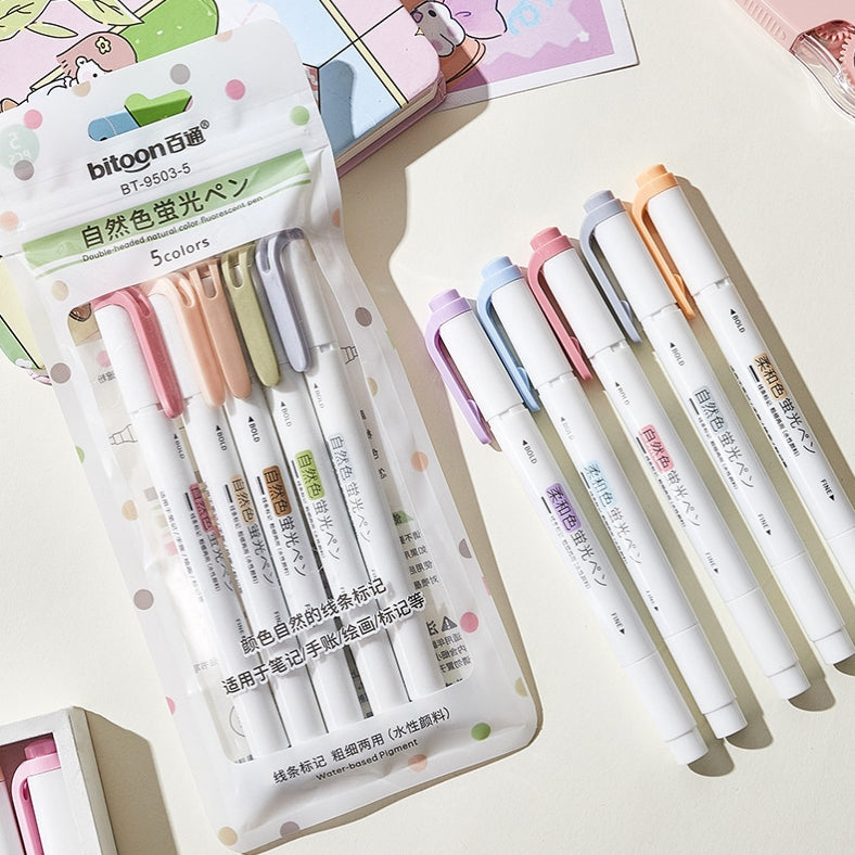 Pastel Double Head Soft Color Marker Highlighter Set ( 5pcs )