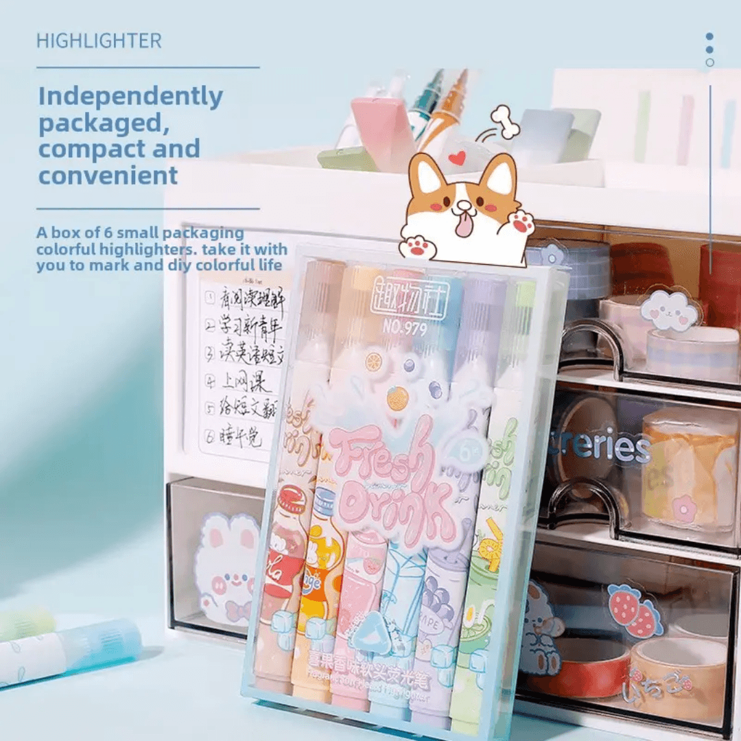Fresh Drink Kawaii Soft Tip Scented Highlighter Set ( 6pcs )