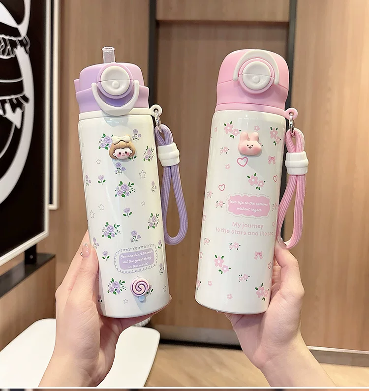 Pinteresty Floral Cherry Double Sipper Stainless Steel Bottle ( 1pc )