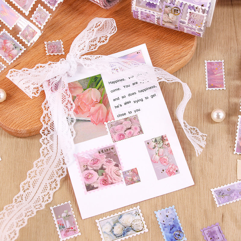 Floral Flower Retro Journaling Stamp Sticker Roll ( 1pc )
