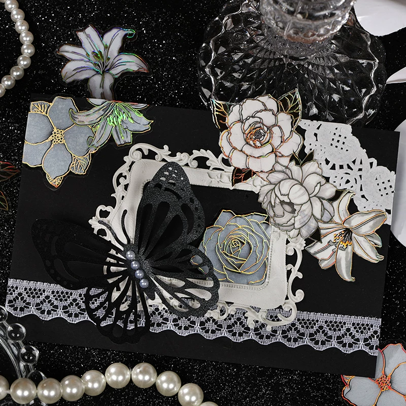 Flowers Retro Black & White Journaling Scrapbooking Stickers ( 20pcs )