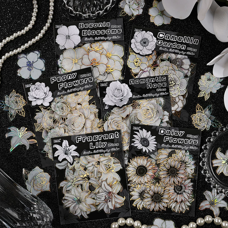 Flowers Retro Black & White Journaling Scrapbooking Stickers ( 20pcs )
