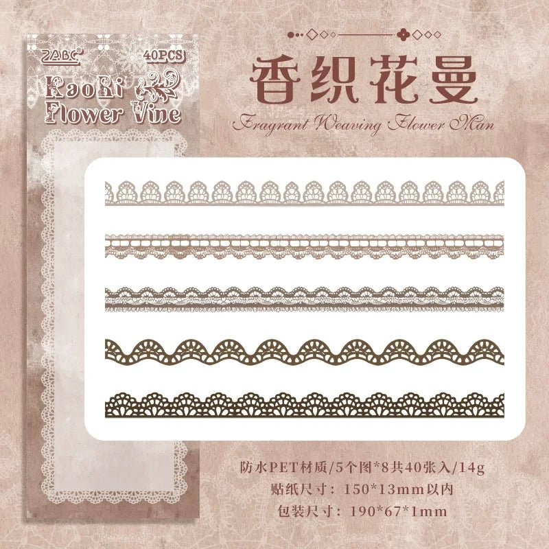 Dreamy Lace & Floral Series Journaling Scrapbooking Stickers Strips ( 40pcs )