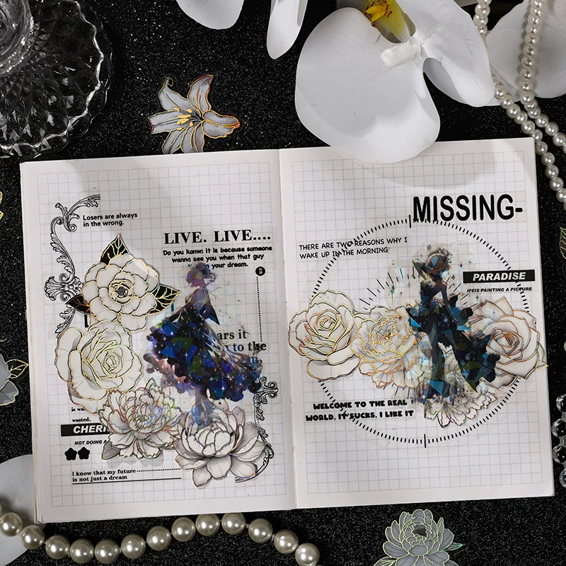 Flowers Retro Black & White Journaling Scrapbooking Stickers ( 20pcs )