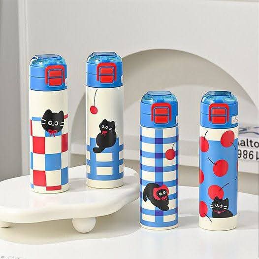 Pinteresty Cat Cherry Double Sipper Stainless Steel Water Bottle ( 1pc )