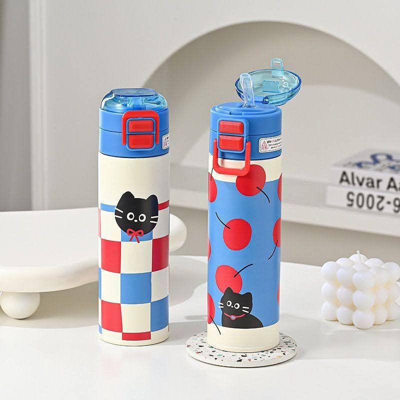 Pinteresty Cat Cherry Double Sipper Stainless Steel Water Bottle ( 1pc )