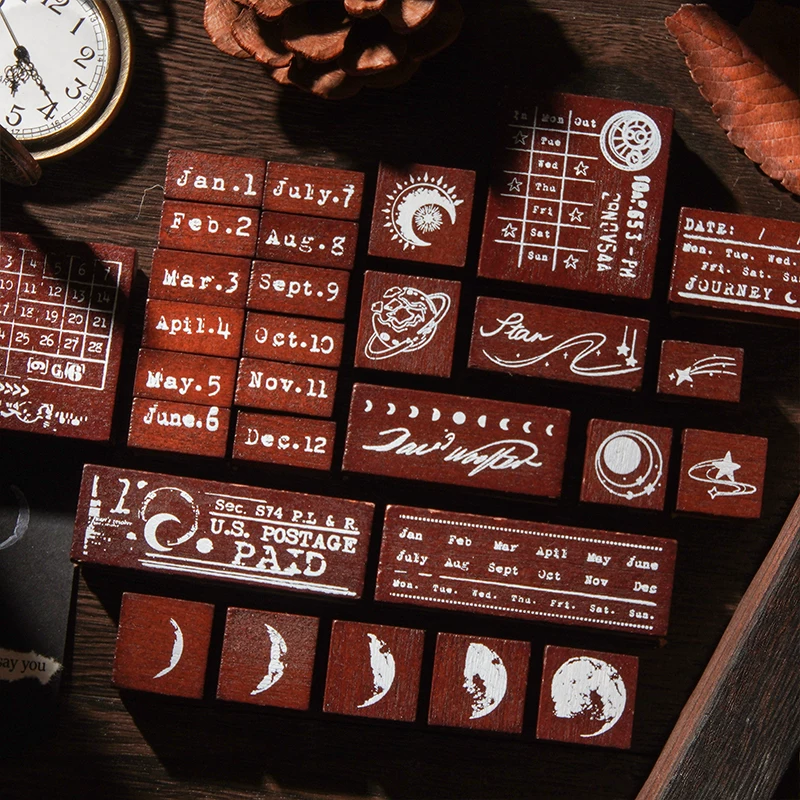 Moonlight Starlight Wooden Rubber Stamp Set For Journaling Scrapbooking ( 29pcs )