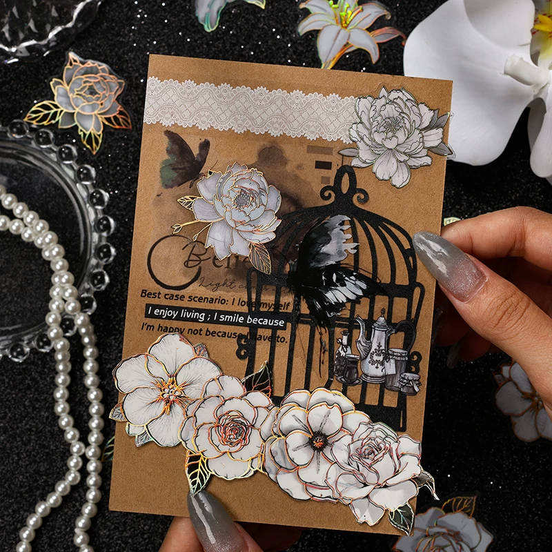 Flowers Retro Black & White Journaling Scrapbooking Stickers ( 20pcs )