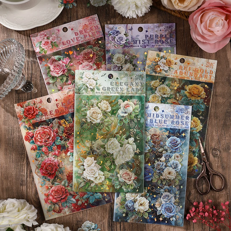 Rose Flower Series PET Journaling Scrapbooking Sticker Sheets ( 4 Sheet )