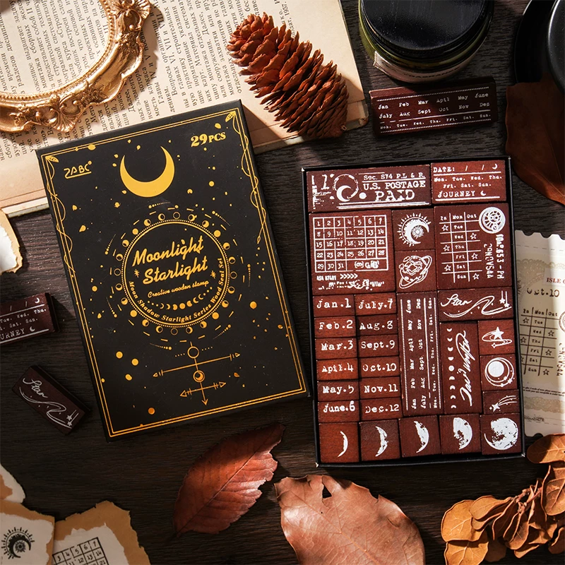 Moonlight Starlight Wooden Rubber Stamp Set For Journaling Scrapbooking ( 29pcs )
