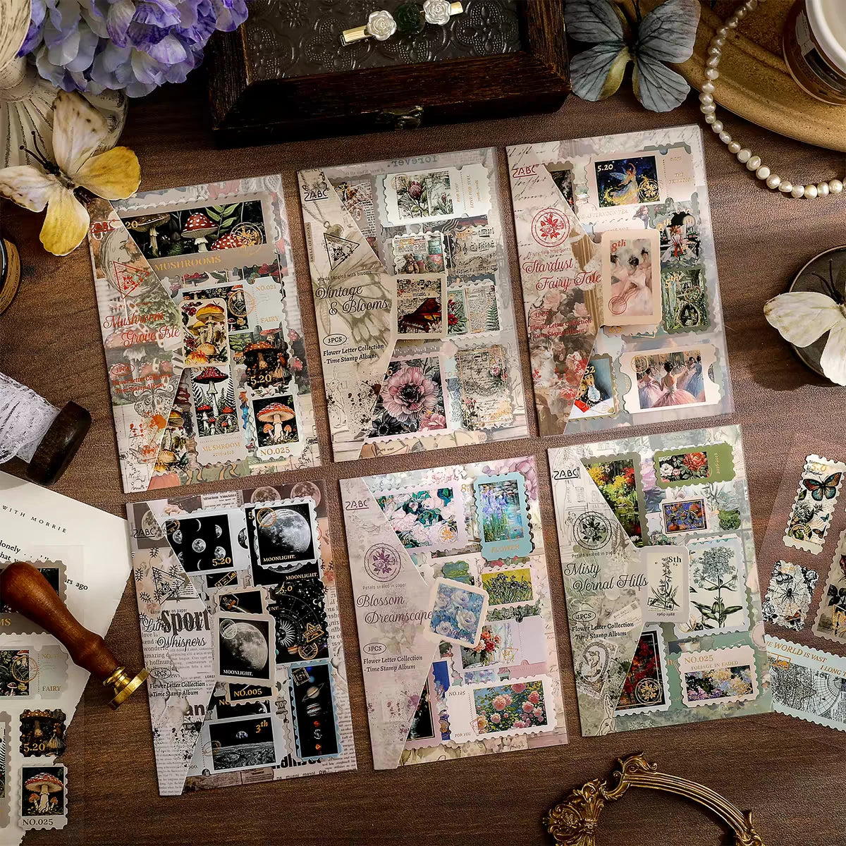 Flowery Stationery & Time Collection Series Vintage Postage Stamp-Style Decorative Stickers for Journaling Scrapbooking Sheets (3 Sheets )