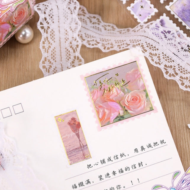 Floral Flower Retro Journaling Stamp Sticker Roll ( 1pc )