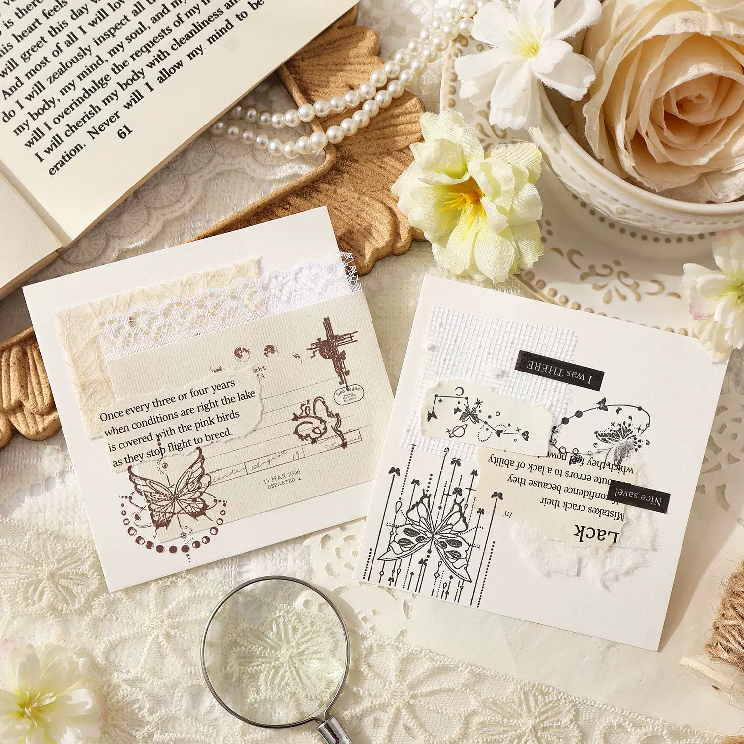 Retro Art Style Butterfly Rubber Stamp Set For Journaling Scrapbooking ( 8pcs )