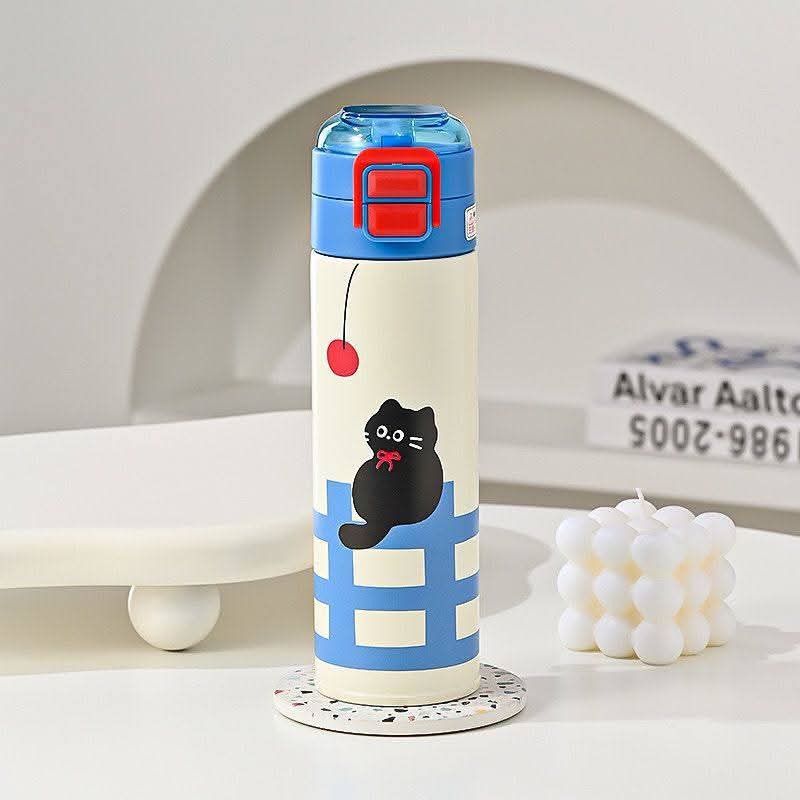 Pinteresty Cat Cherry Double Sipper Stainless Steel Water Bottle ( 1pc )