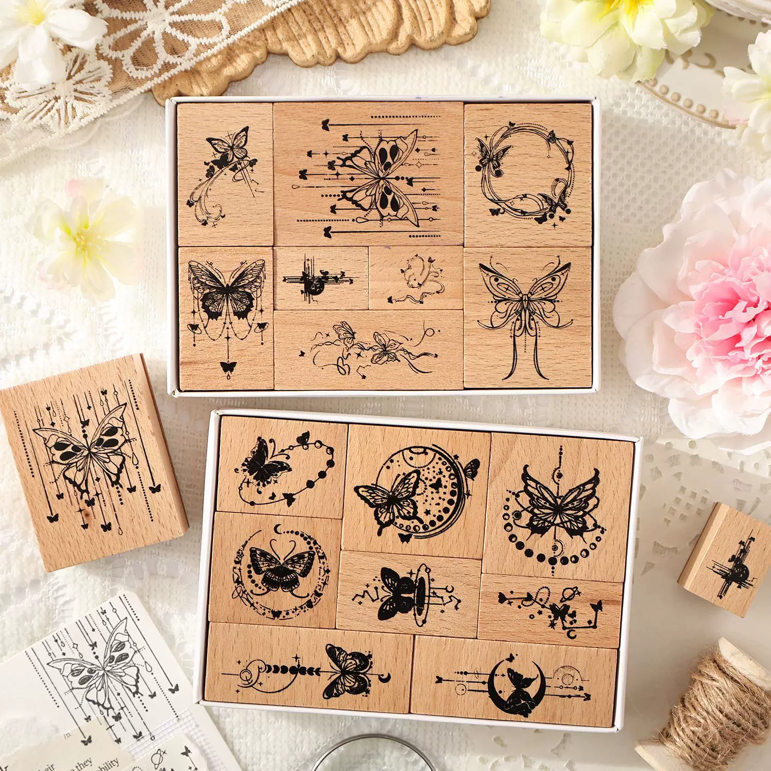 Retro Art Style Butterfly Rubber Stamp Set For Journaling Scrapbooking ( 8pcs )