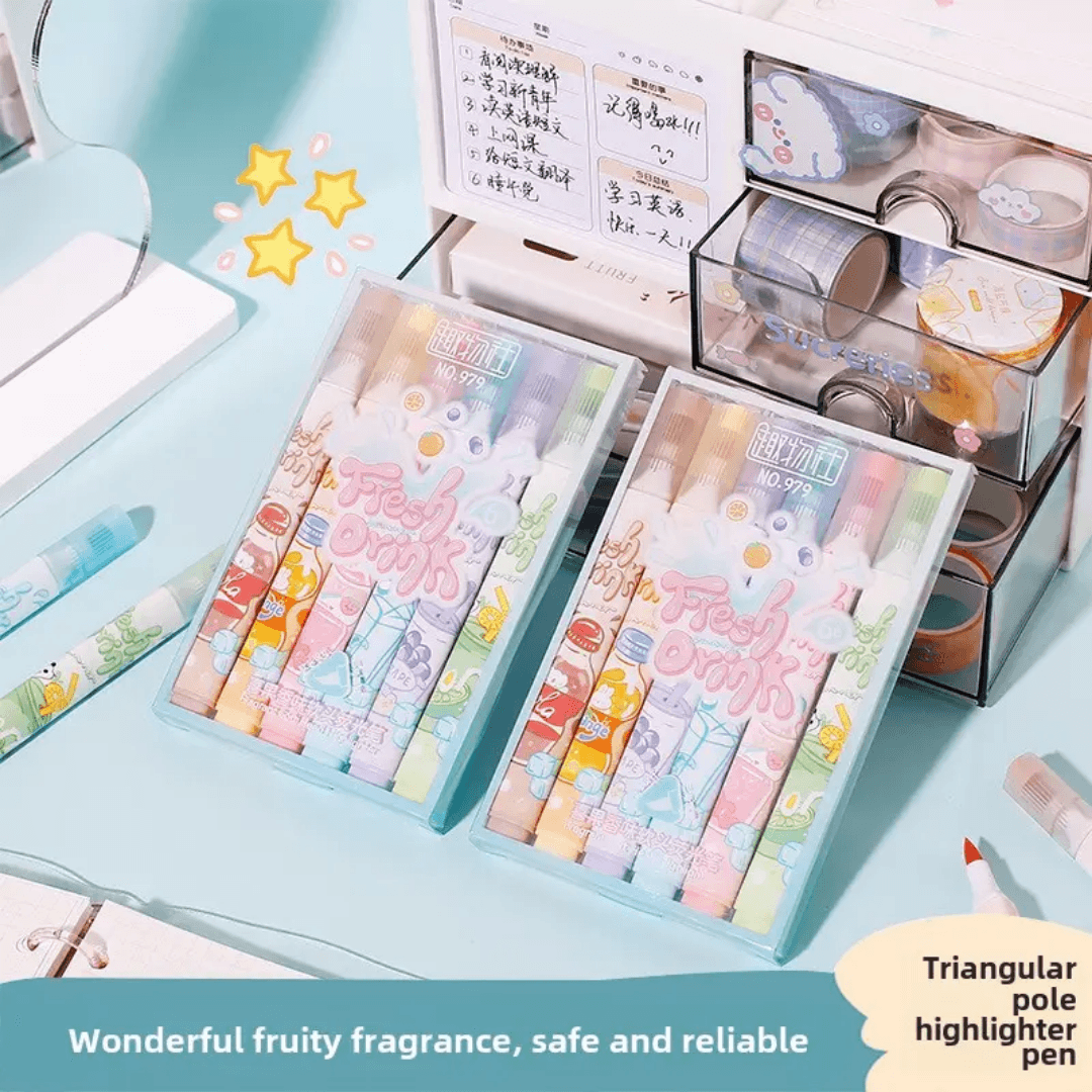 Fresh Drink Kawaii Soft Tip Scented Highlighter Set ( 6pcs )