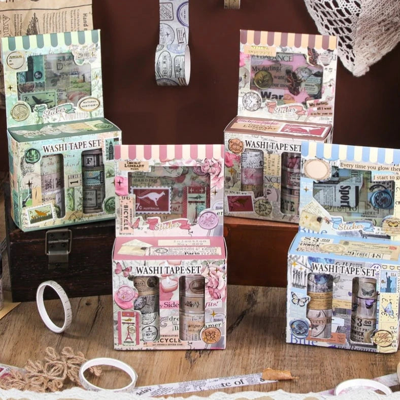 Vintage Retro Washi Tape & Sticker Set For Journaling and Decoration ( 1 box )