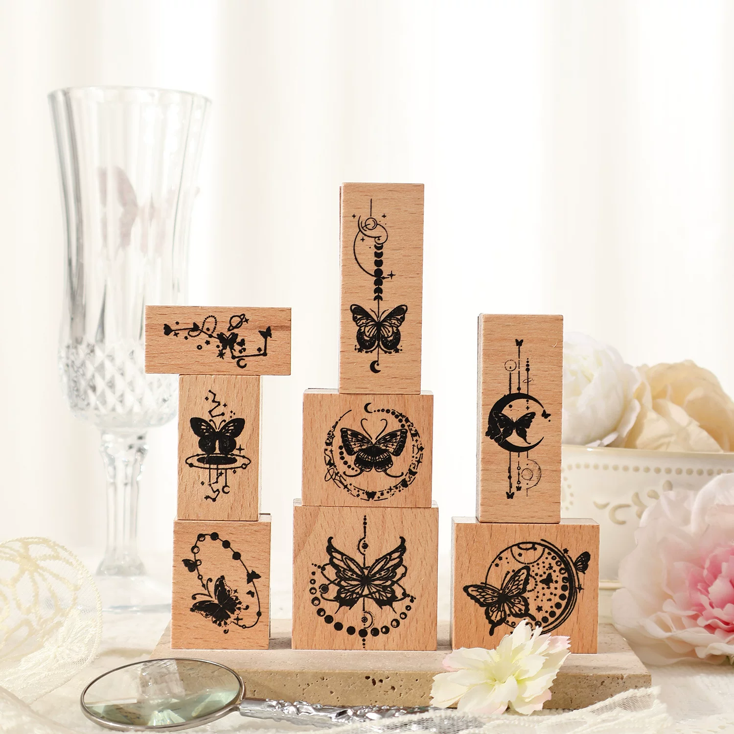 Retro Art Style Butterfly Rubber Stamp Set For Journaling Scrapbooking ( 8pcs )